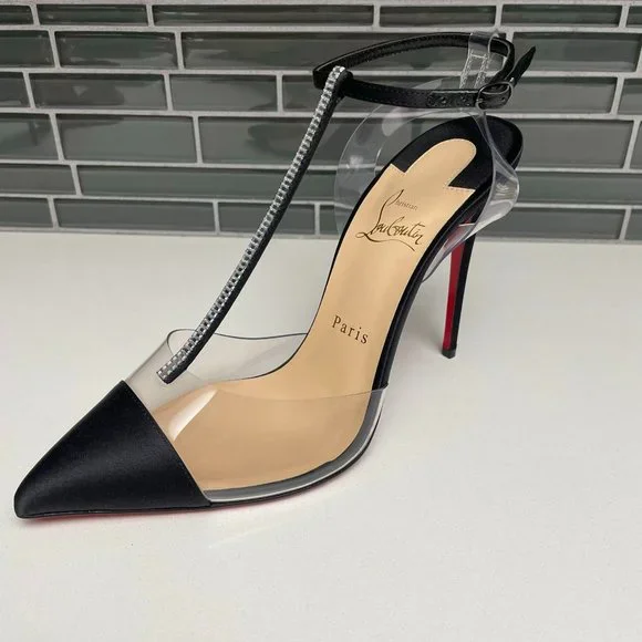 Christian Louboutin Shoes Christian Louboutin Black Satin Pvc Crystal Embellished Point Toe Pumps Poshmark